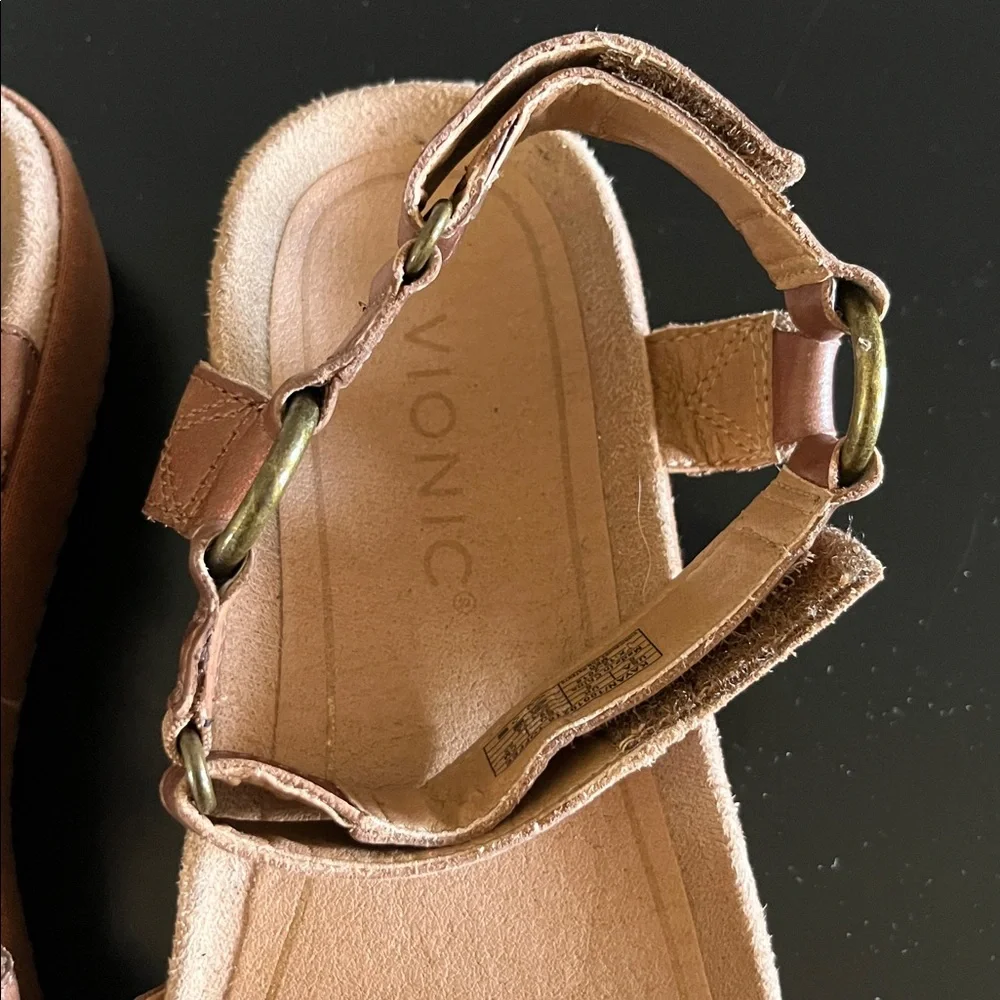 Vionic Kayan Leather Wedge Brown Leather Adjustable Strap Sandals